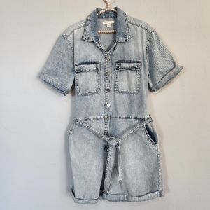 Chelsea And Violet Tie Waist Denim Romper Size Lrg Collared Button up Pockets.